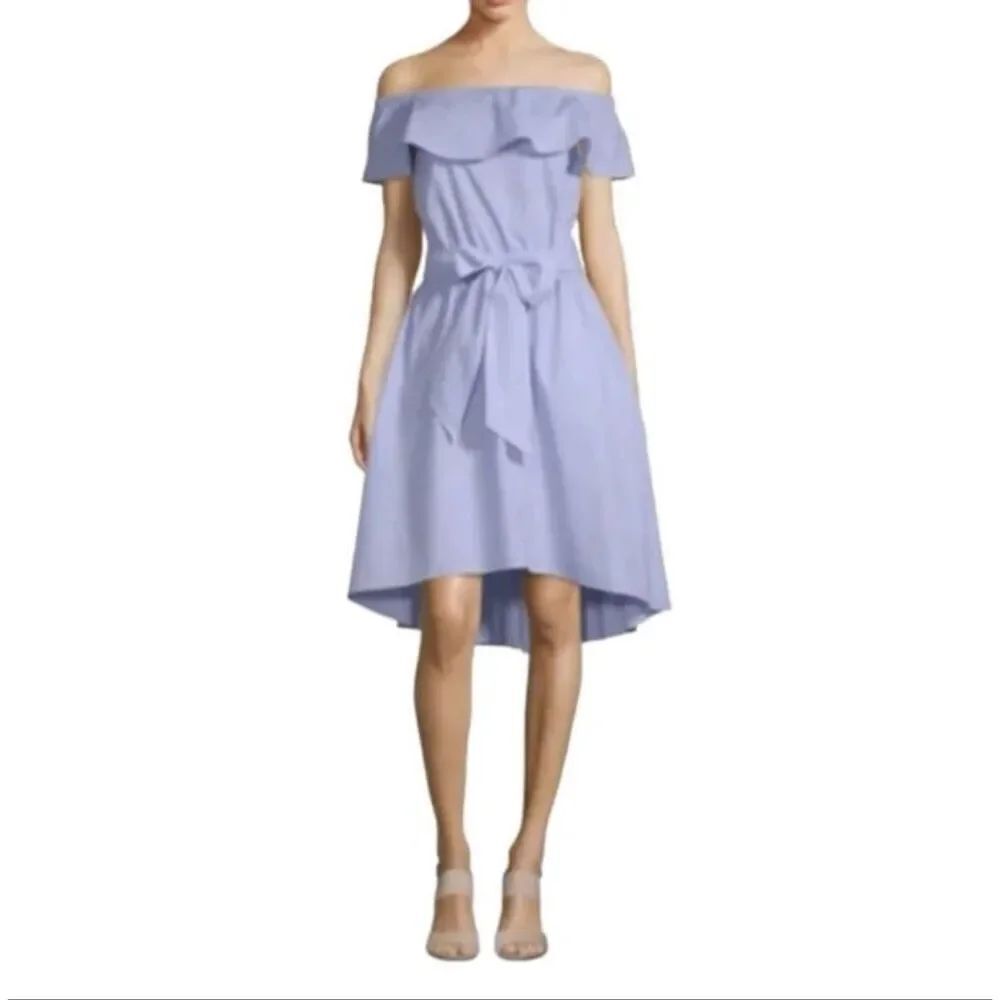 Saks Fifth Avenue Blue Striped Off Shoulder Dress Belted High Low Cotton Size L - Picture 2 of 16